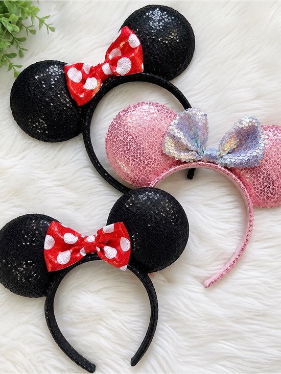 Accessories - Sequin Mickey Ear Headbands - Black & Pink with Bows
